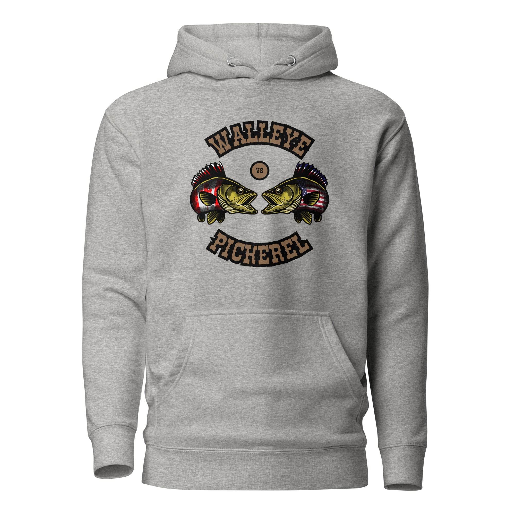 Front view of unisex carbon grey hoodie with vintage-style brown text and illustrated walleye versus pickerel fish in a Canada versus USA fishing debate design by The Naughty Angler™
