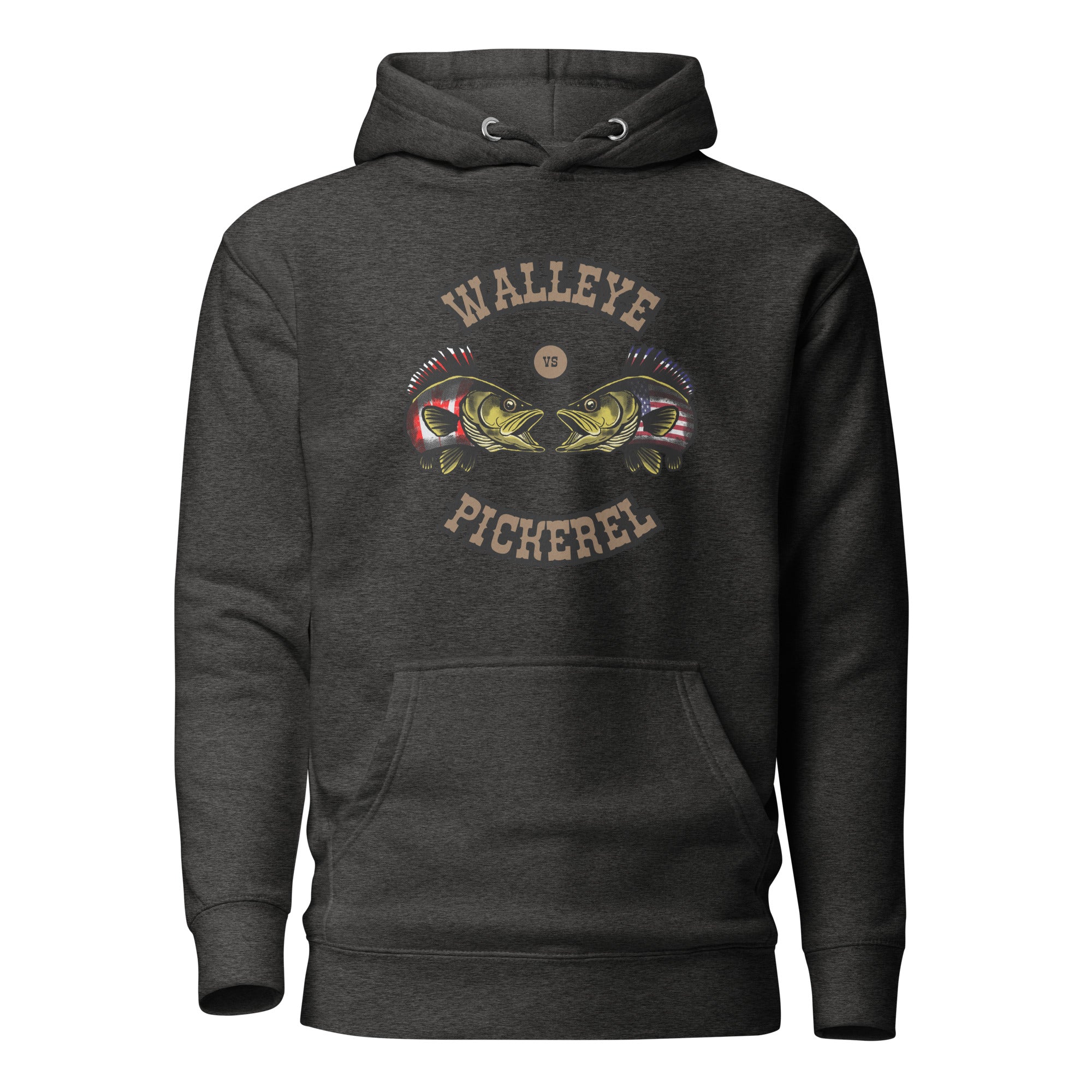 Front view of unisex charcoal heather hoodie with vintage-style brown text and illustrated walleye versus pickerel fish in a Canada versus USA fishing debate design by The Naughty Angler™
