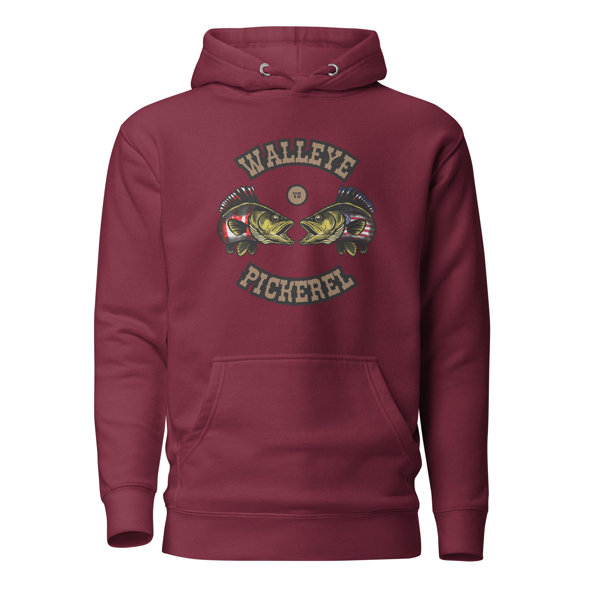 Front view of unisex maroon hoodie with vintage-style brown text and illustrated walleye versus pickerel fish in a Canada versus USA fishing debate design by The Naughty Angler™
