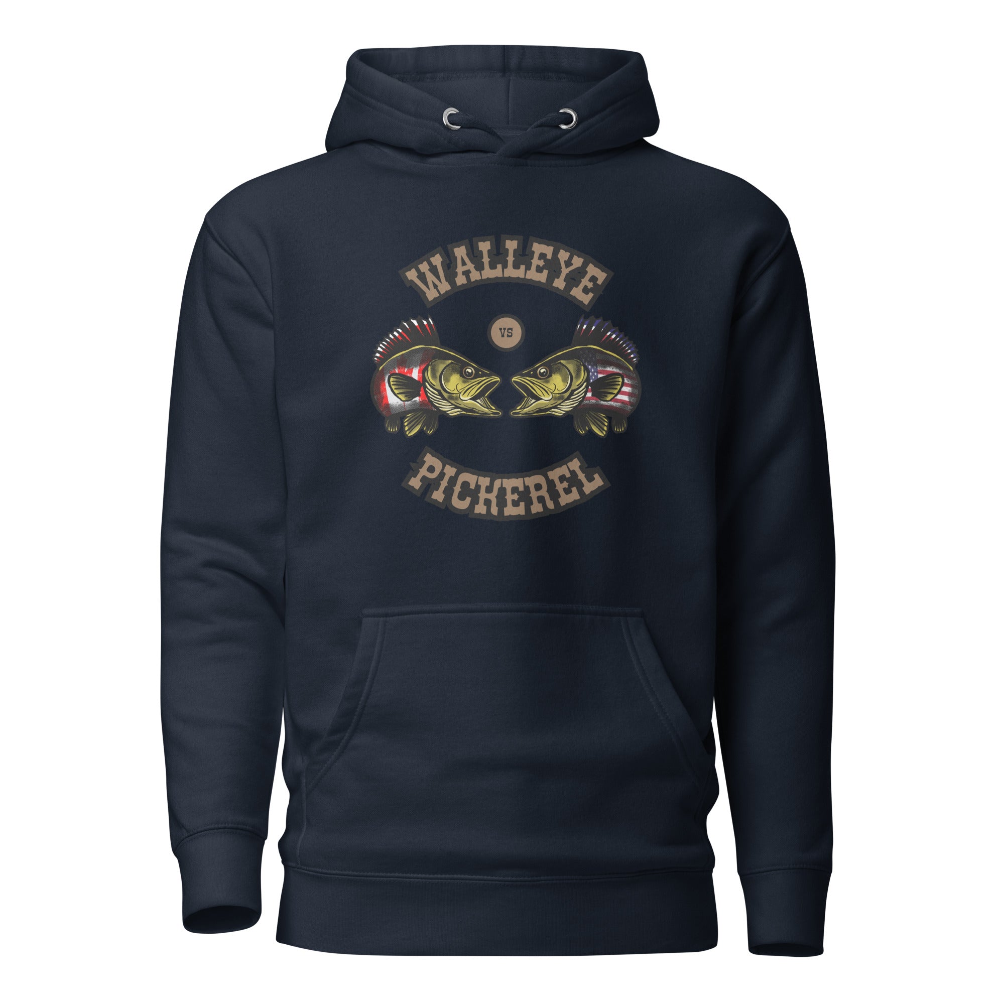 Front view of unisex navy blazer hoodie with vintage-style brown text and illustrated walleye versus pickerel fish in a Canada versus USA fishing debate design by The Naughty Angler™
