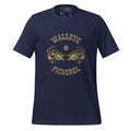 Front view of unisex navy T-shirt with vintage-style brown text and illustrated walleye versus pickerel fish in a Canada versus USA fishing debate design by The Naughty Angler™
