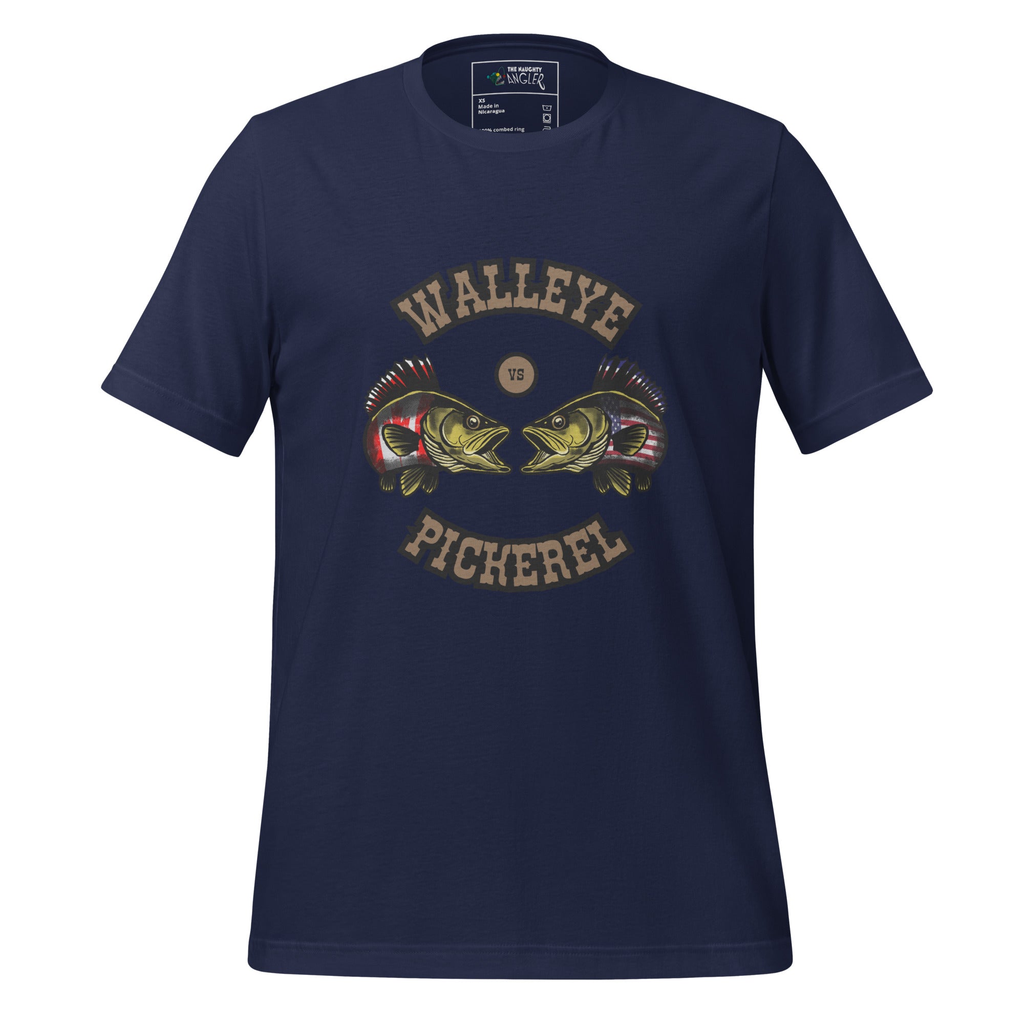 Front view of unisex navy T-shirt with vintage-style brown text and illustrated walleye versus pickerel fish in a Canada versus USA fishing debate design by The Naughty Angler™
