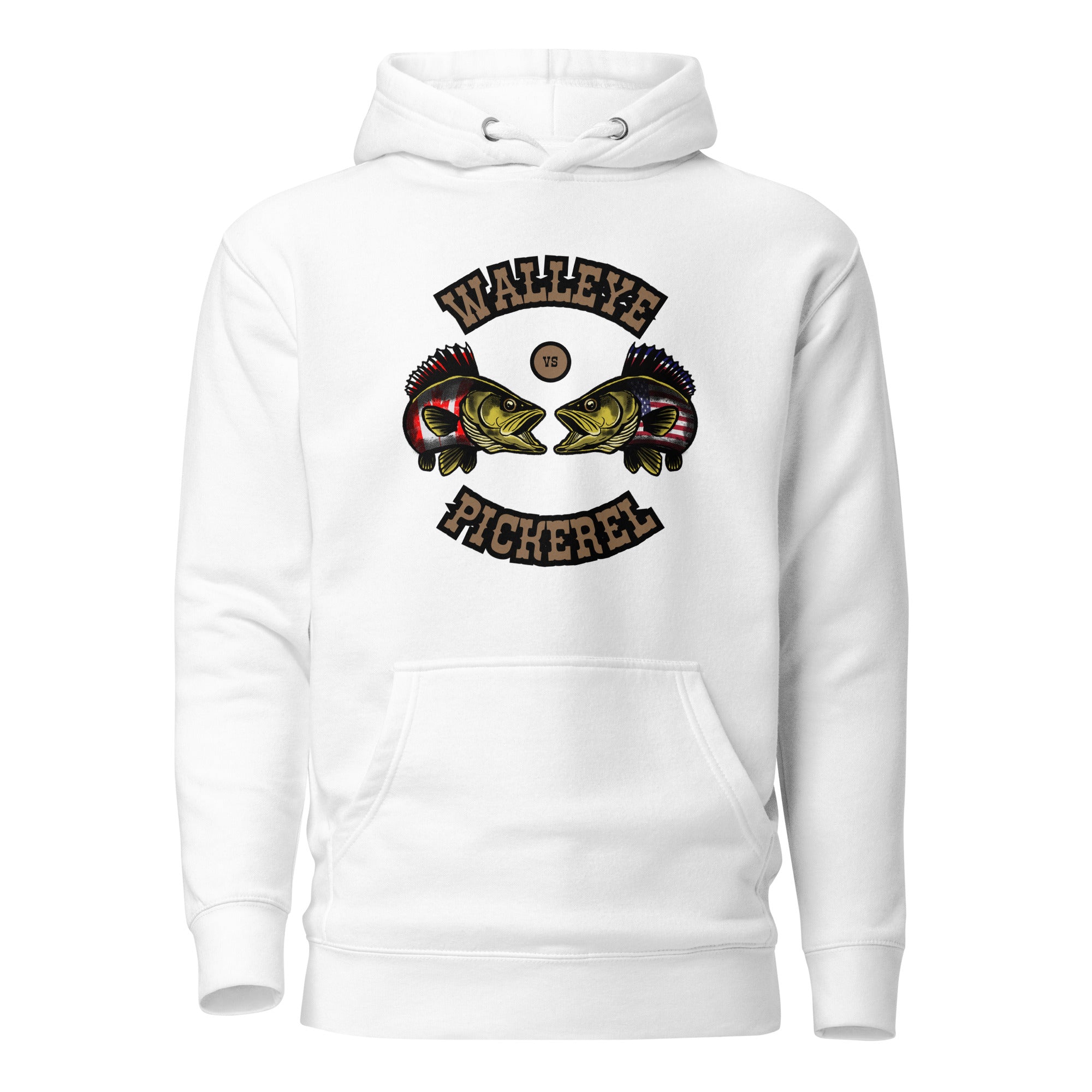 Front view of unisex white hoodie with vintage-style brown text and illustrated walleye versus pickerel fish in a Canada versus USA fishing debate design by The Naughty Angler™

