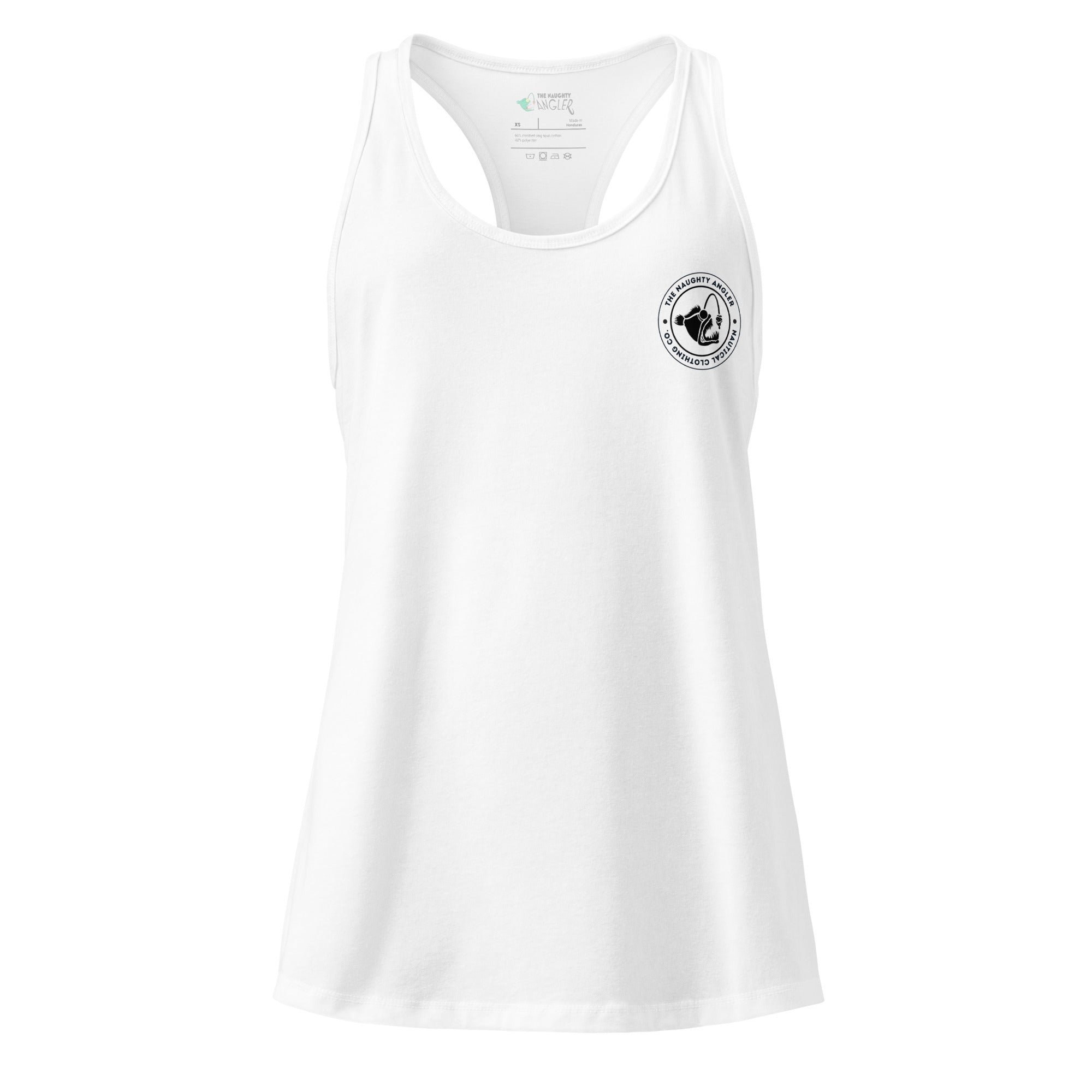 Front view of women’s white fitted racerback tank top with black The Naughty Angler™ circular logo on the right chest
